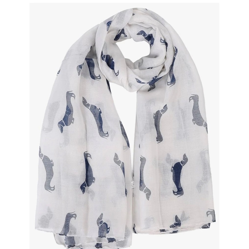 Navy Blue Dachshund Dog Print White Lightweight Oblong Scarf Wrap